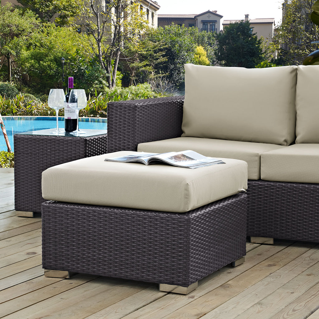 Convene Outdoor Patio Fabric Square Ottoman in Espresso Beige