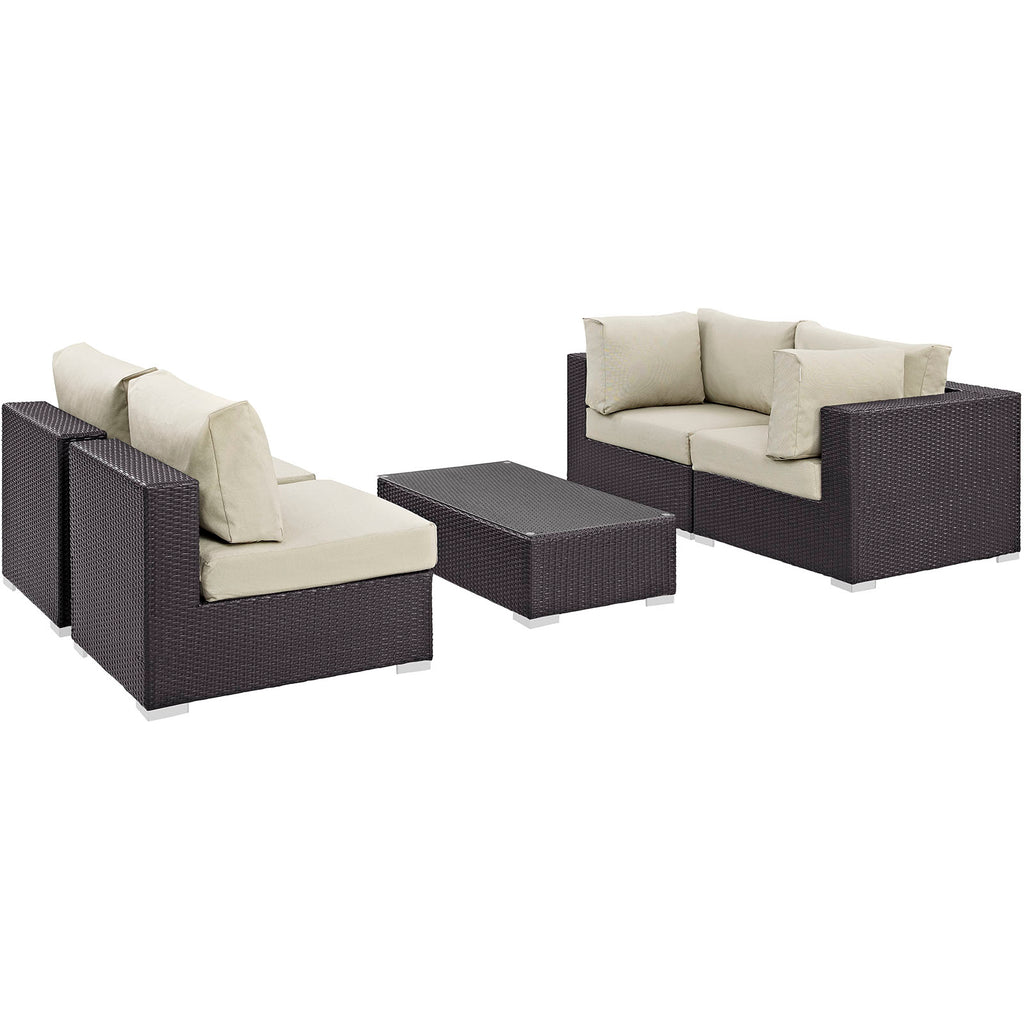 Convene 5 Piece Outdoor Patio Sectional Set in Espresso Beige-5