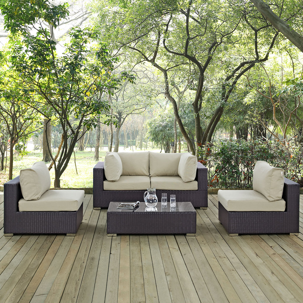 Convene 5 Piece Outdoor Patio Sectional Set in Espresso Beige-5