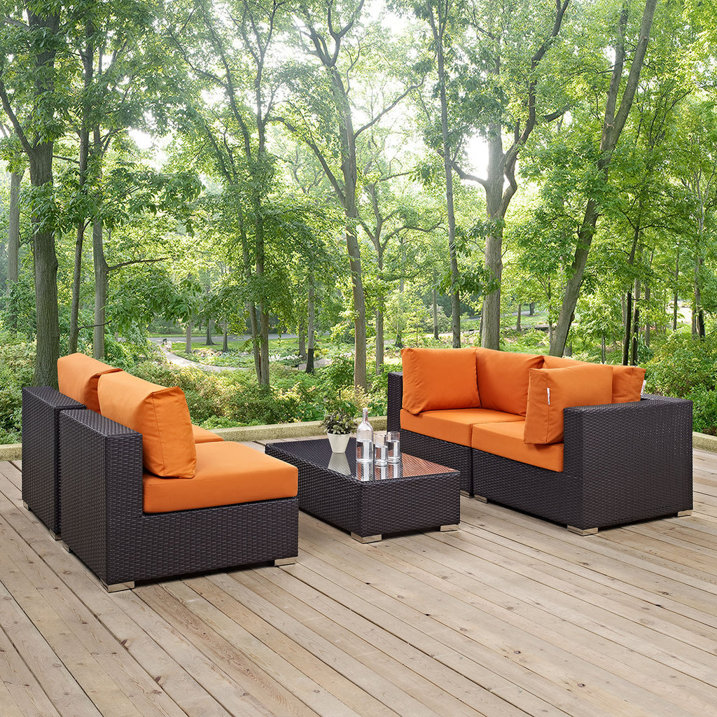 Convene 5 Piece Outdoor Patio Sectional Set in Espresso Orange-5