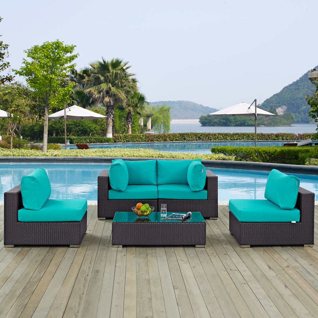 Convene 5 Piece Outdoor Patio Sectional Set in Espresso Turquoise-5