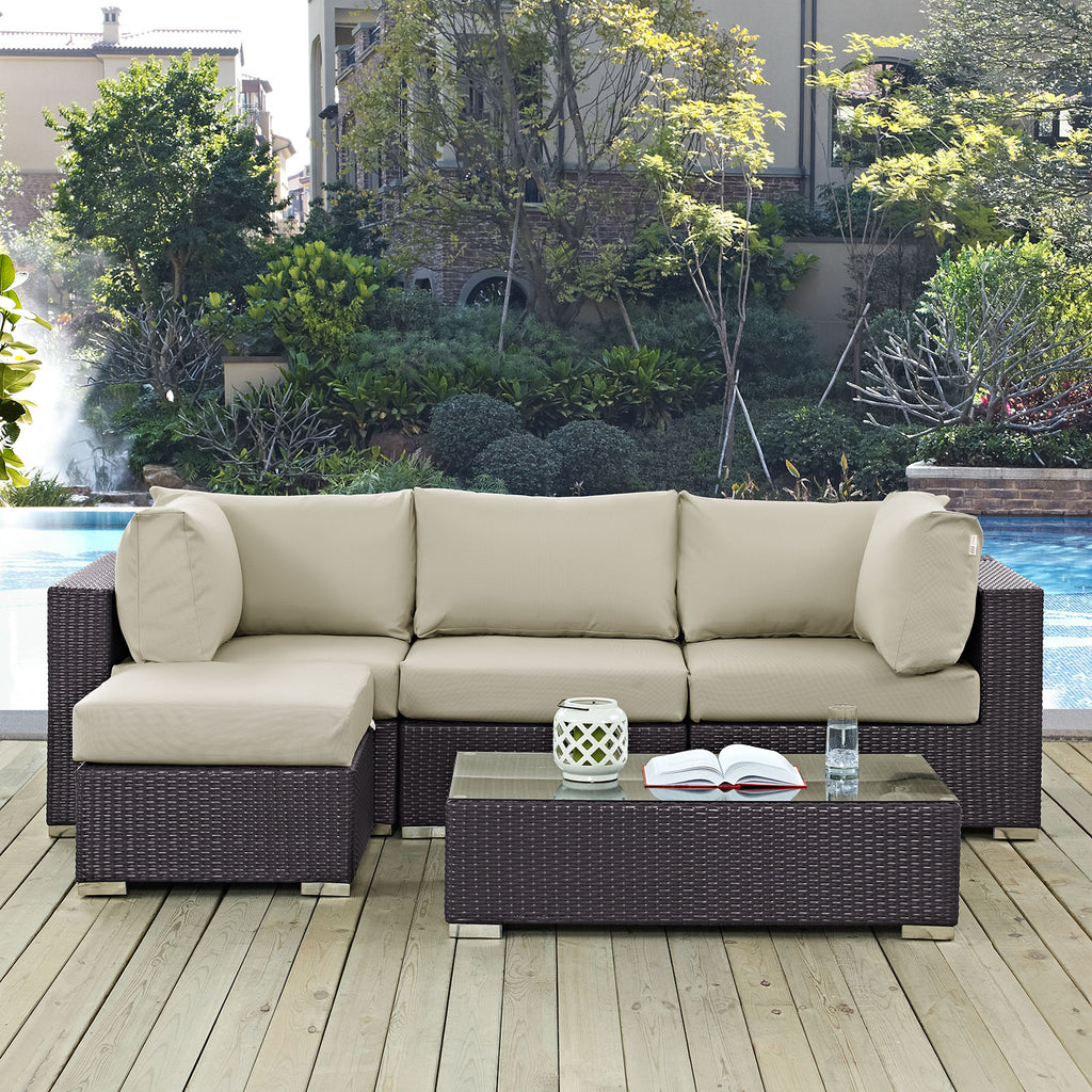 Convene 5 Piece Outdoor Patio Sectional Set in Espresso Beige-4