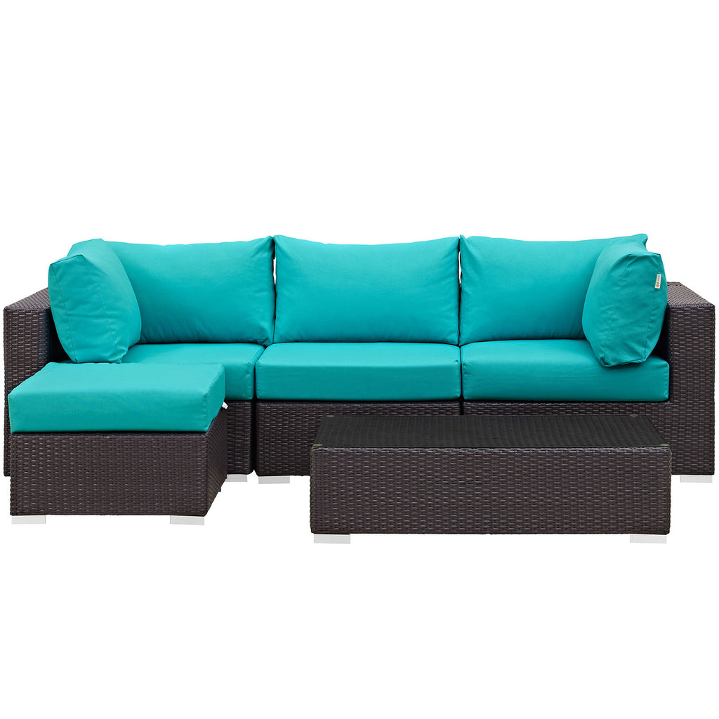 Convene 5 Piece Outdoor Patio Sectional Set in Espresso Turquoise-4