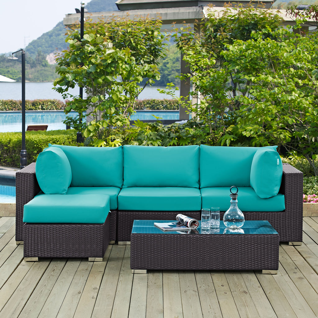 Convene 5 Piece Outdoor Patio Sectional Set in Espresso Turquoise-4