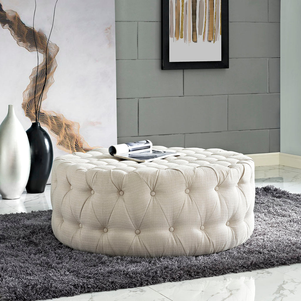 Amour Upholstered Fabric Ottoman in Beige