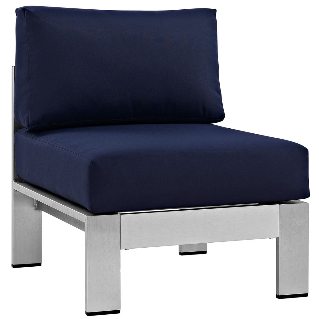 Shore Armless Outdoor Patio Aluminum Chair in Silver Navy