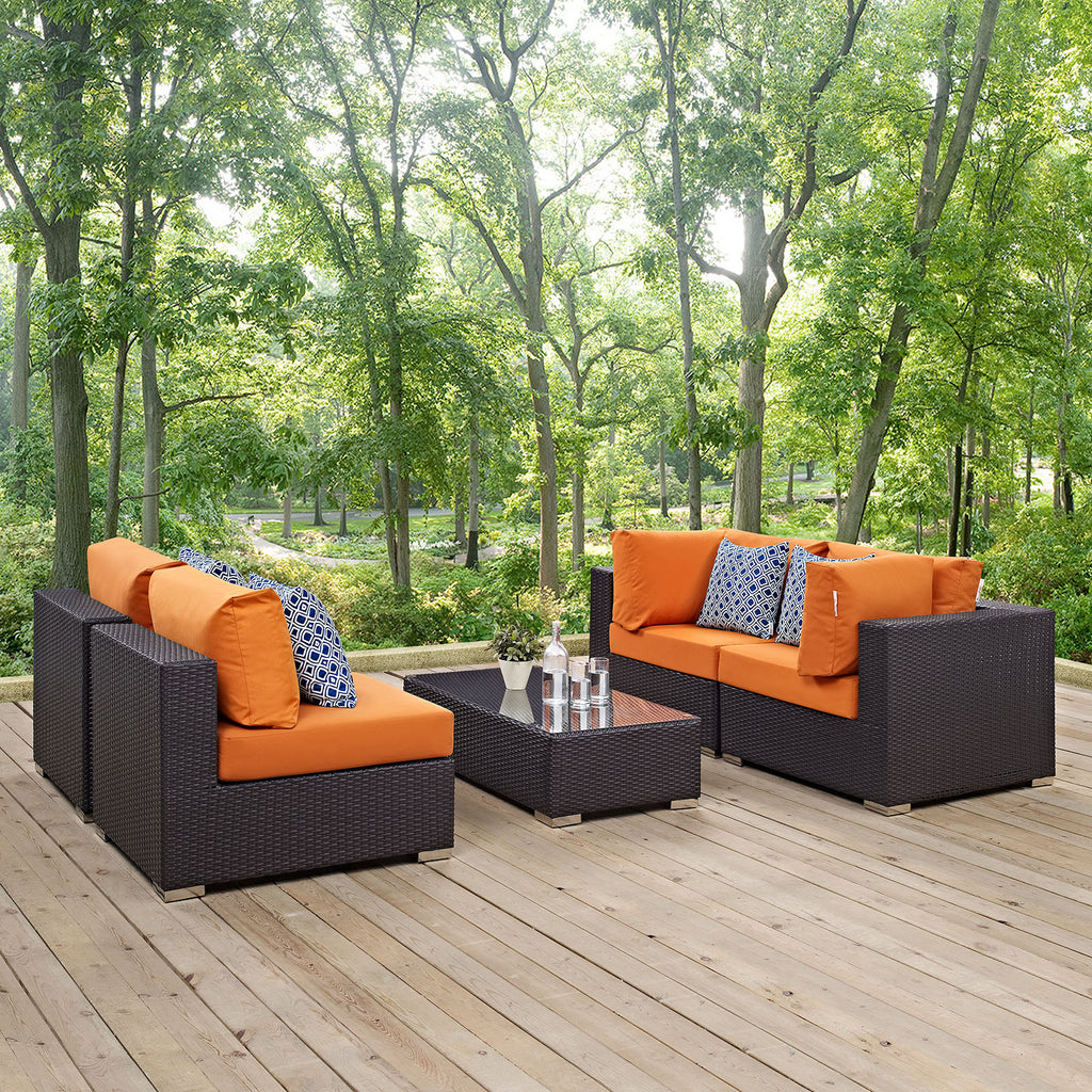 Convene 5 Piece Outdoor Patio Sectional Set in Espresso Orange-2