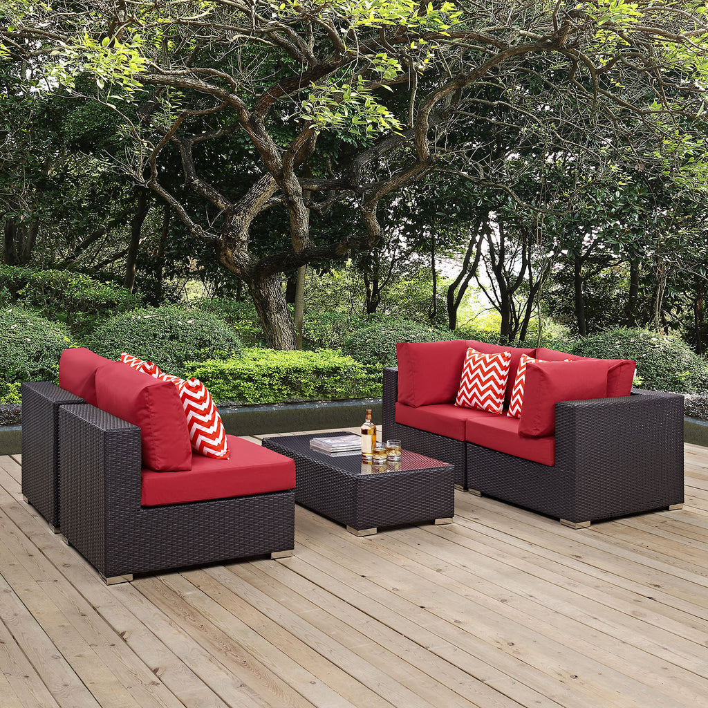 Convene 5 Piece Outdoor Patio Sectional Set in Espresso Red-2