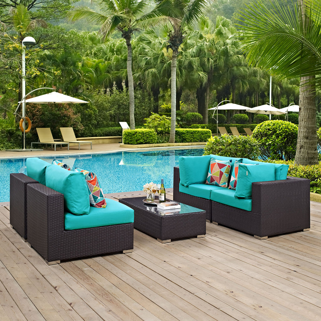 Convene 5 Piece Outdoor Patio Sectional Set in Espresso Turquoise-2