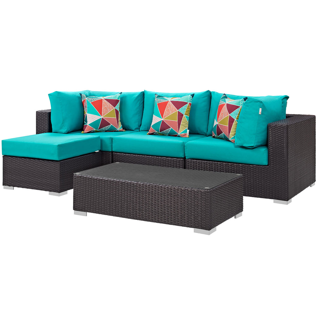 Convene 5 Piece Outdoor Patio Sectional Set in Espresso Turquoise-1