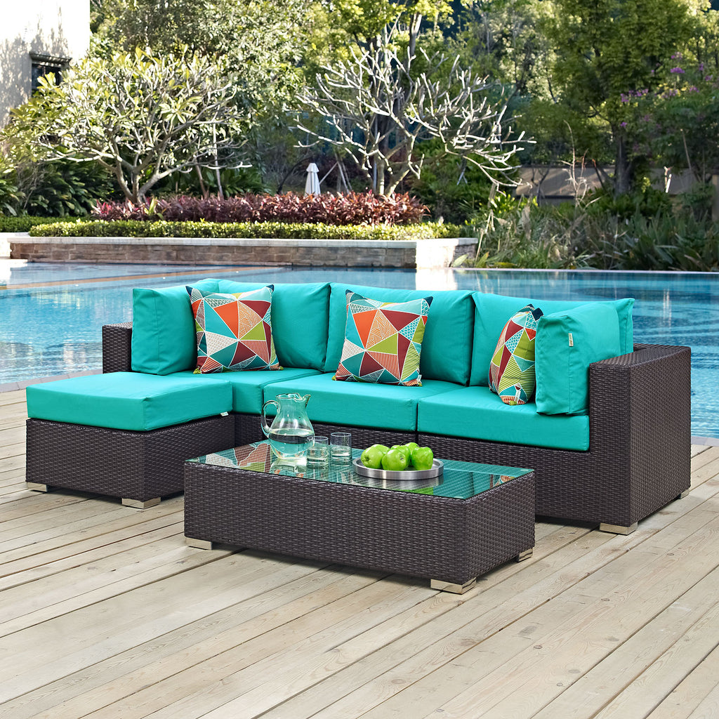 Convene 5 Piece Outdoor Patio Sectional Set in Espresso Turquoise-1