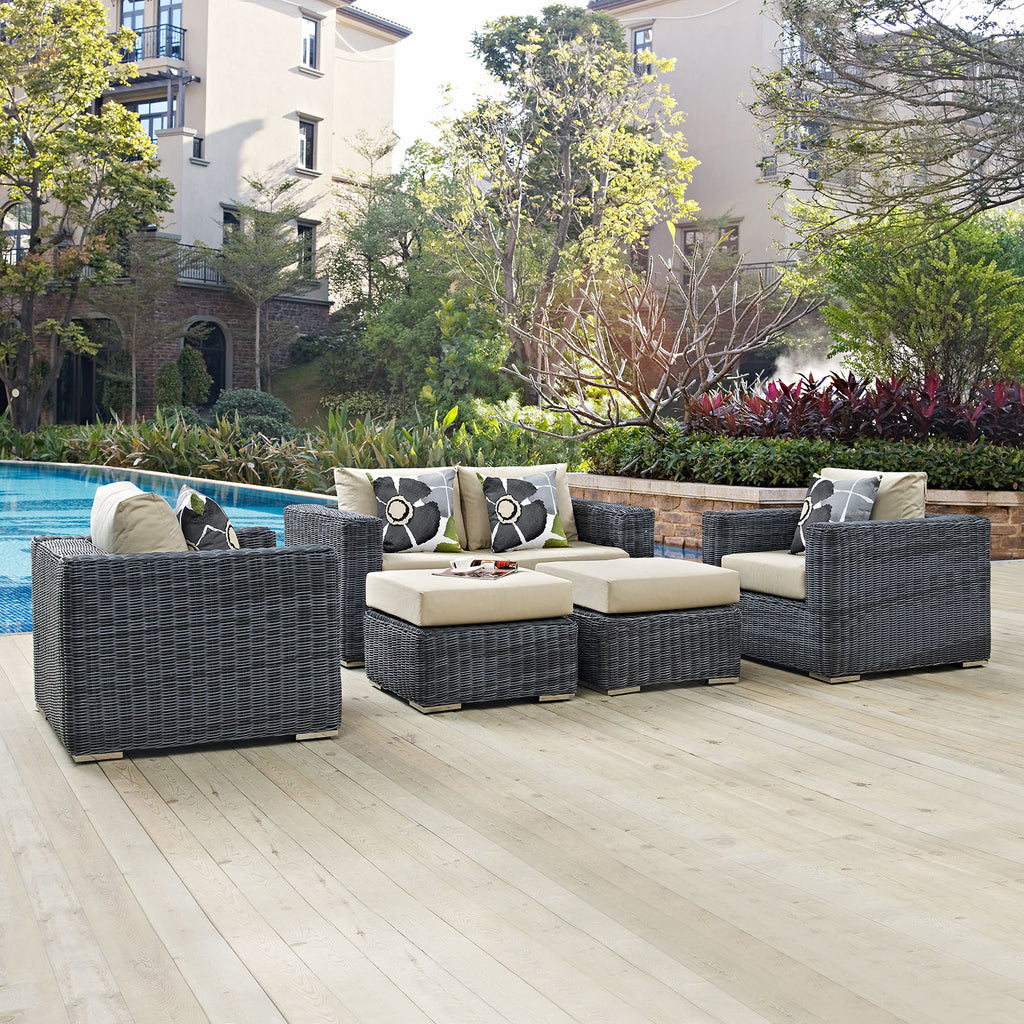 Summon 5 Piece Outdoor Patio Sunbrella Sectional Set in Canvas Antique Beige-3