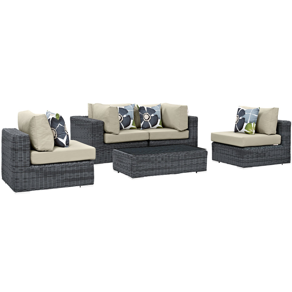 Summon 5 Piece Outdoor Patio Sunbrella Sectional Set in Canvas Antique Beige-2