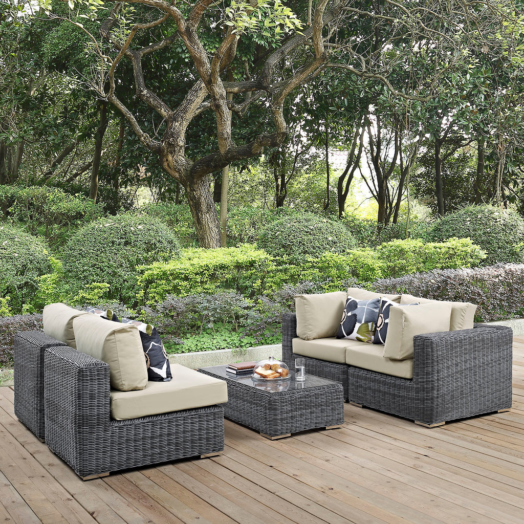 Summon 5 Piece Outdoor Patio Sunbrella Sectional Set in Canvas Antique Beige-2