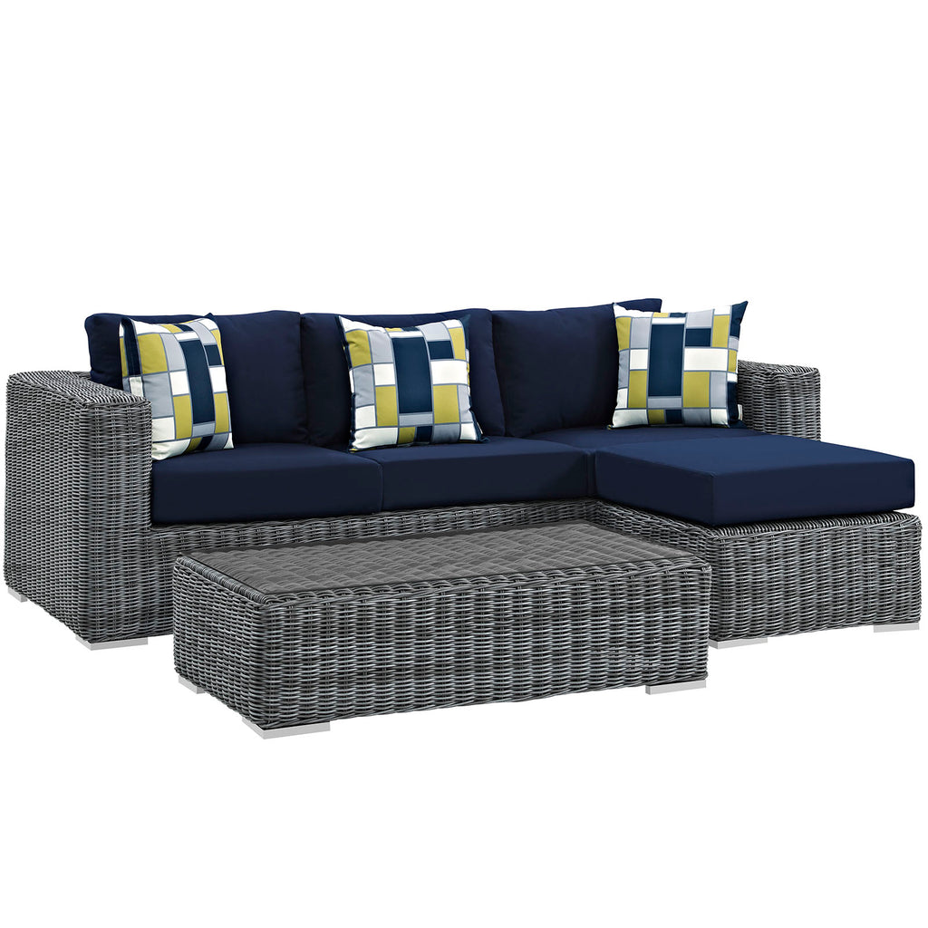 Summon 3 Piece Outdoor Patio Sunbrella Sectional Set in Canvas Navy-1