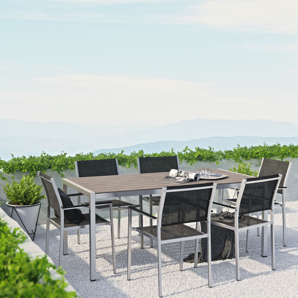 Shore 7 Piece Outdoor Patio Aluminum Dining Set in Silver Black-1