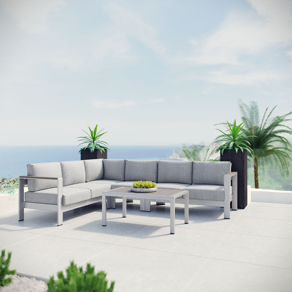 Shore 5 Piece Outdoor Patio Aluminum Sectional Sofa Set in Silver Gray-3