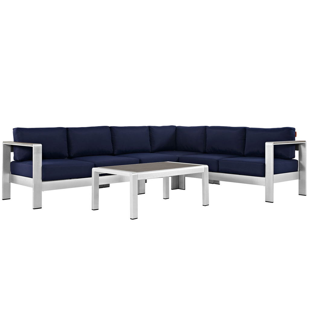 Shore 5 Piece Outdoor Patio Aluminum Sectional Sofa Set in Silver Navy-3