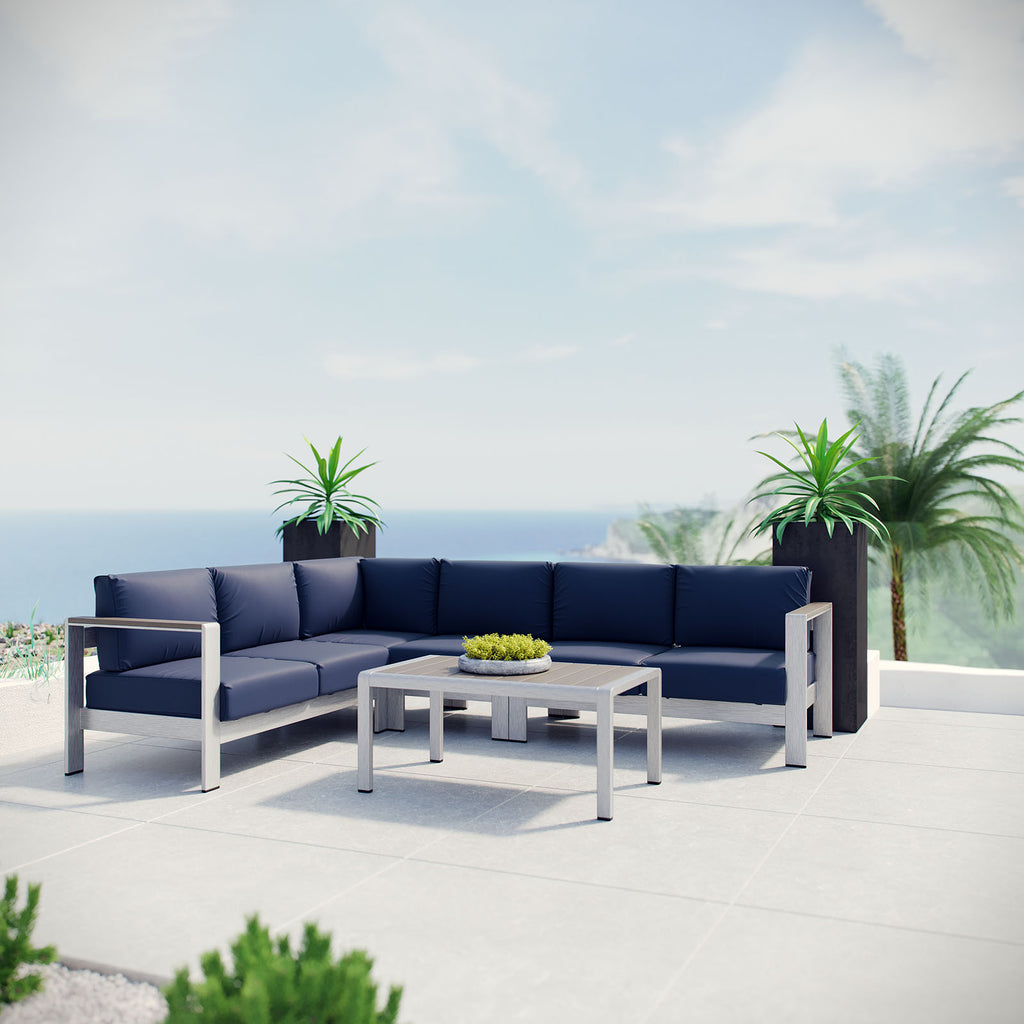 Shore 5 Piece Outdoor Patio Aluminum Sectional Sofa Set in Silver Navy-3