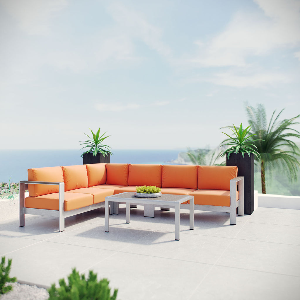 Shore 5 Piece Outdoor Patio Aluminum Sectional Sofa Set in Silver Orange-3