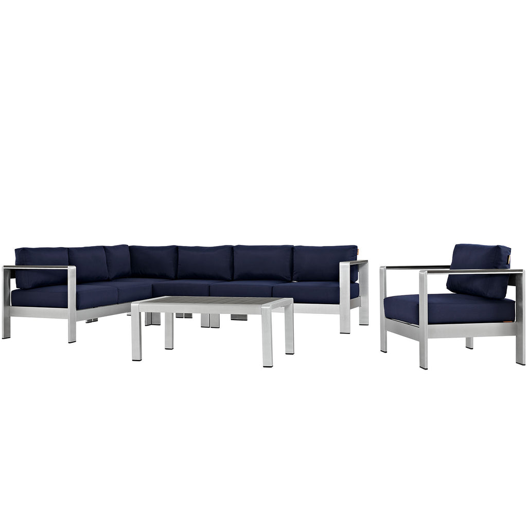 Shore 6 Piece Outdoor Patio Aluminum Sectional Sofa Set in Silver Navy-4