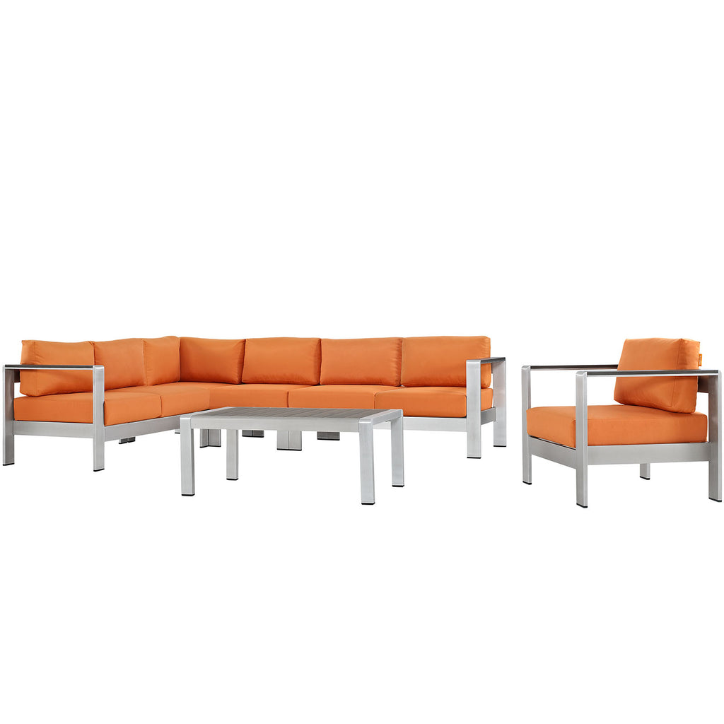 Shore 6 Piece Outdoor Patio Aluminum Sectional Sofa Set in Silver Orange-4