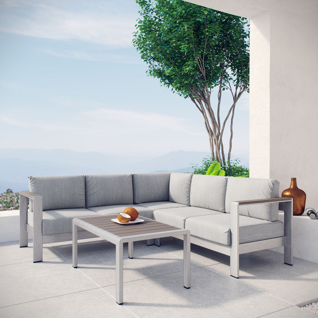 Shore 4 Piece Outdoor Patio Aluminum Sectional Sofa Set in Silver Gray-3