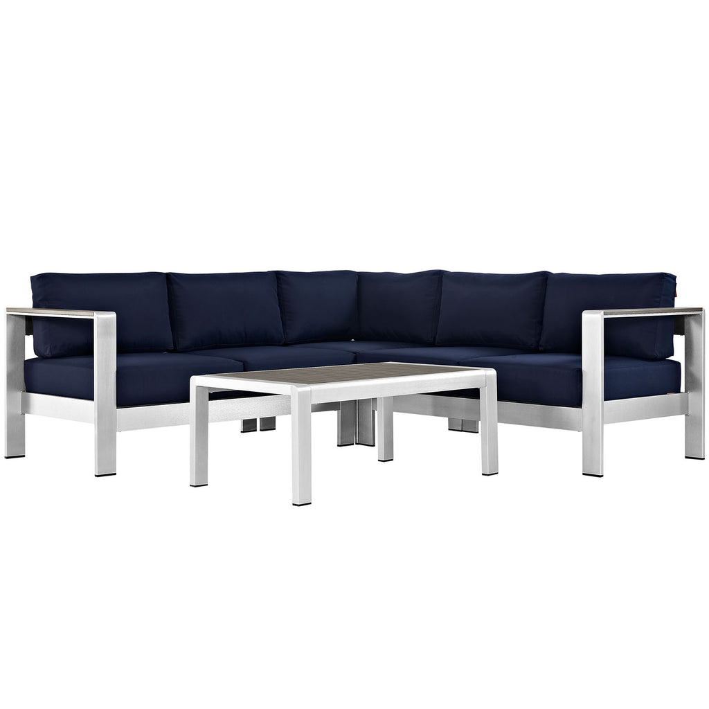 Shore 4 Piece Outdoor Patio Aluminum Sectional Sofa Set in Silver Navy-3