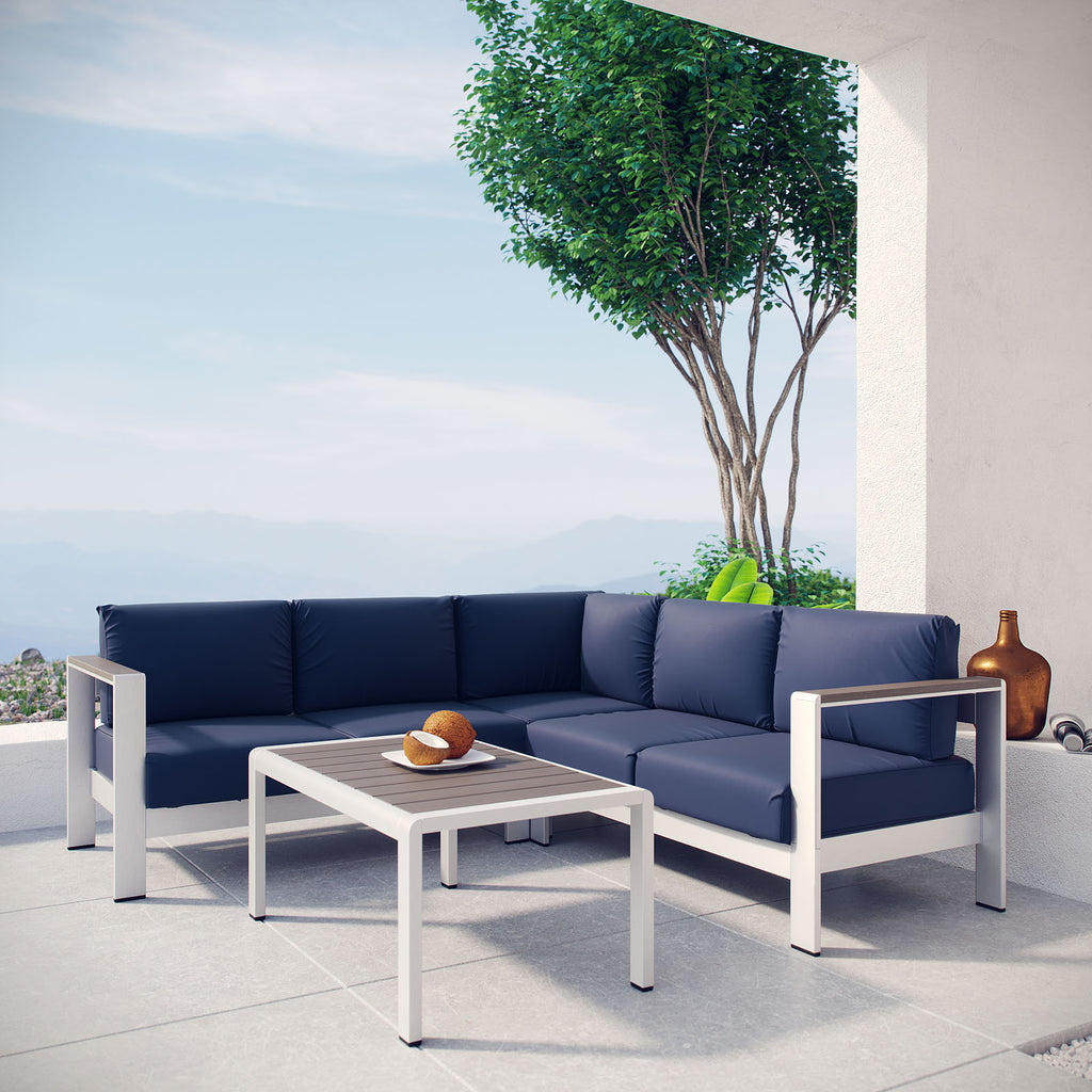 Shore 4 Piece Outdoor Patio Aluminum Sectional Sofa Set in Silver Navy-3