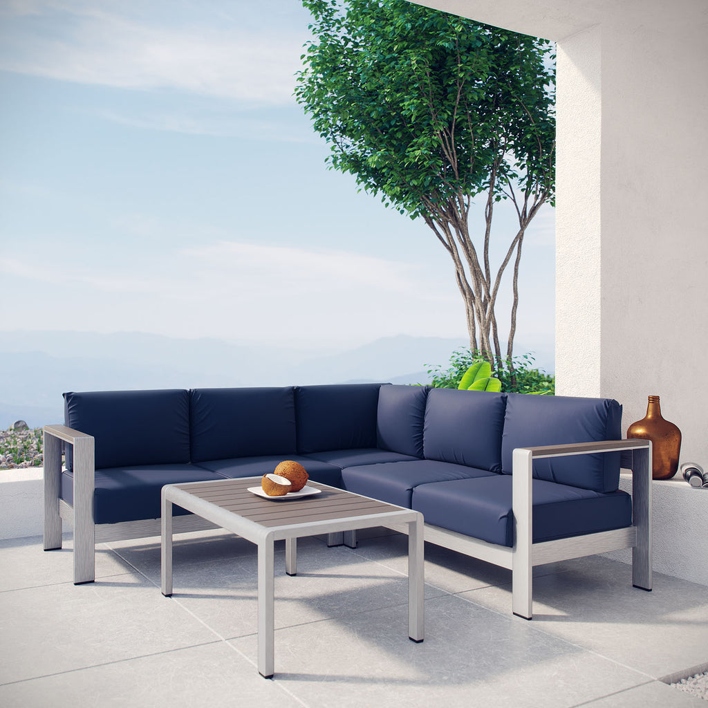 Shore 4 Piece Outdoor Patio Aluminum Sectional Sofa Set in Silver Navy-3