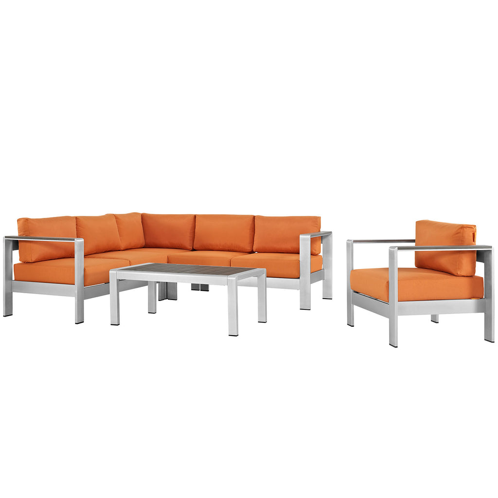 Shore 5 Piece Outdoor Patio Aluminum Sectional Sofa Set in Silver Orange-2