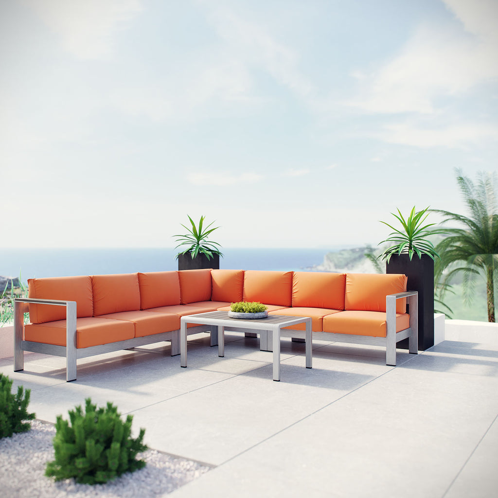 Shore 6 Piece Outdoor Patio Aluminum Sectional Sofa Set in Silver Orange-3