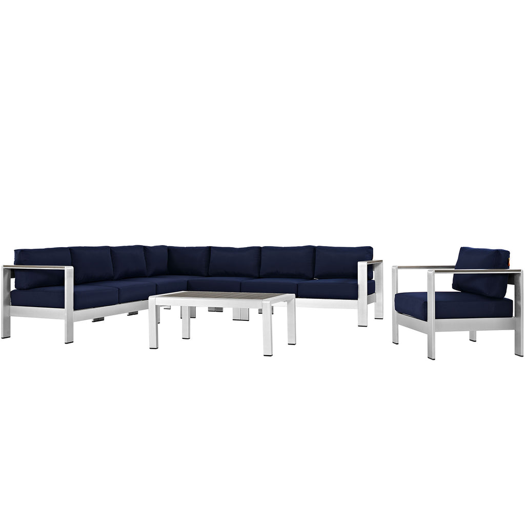 Shore 7 Piece Outdoor Patio Aluminum Sectional Sofa Set in Silver Navy