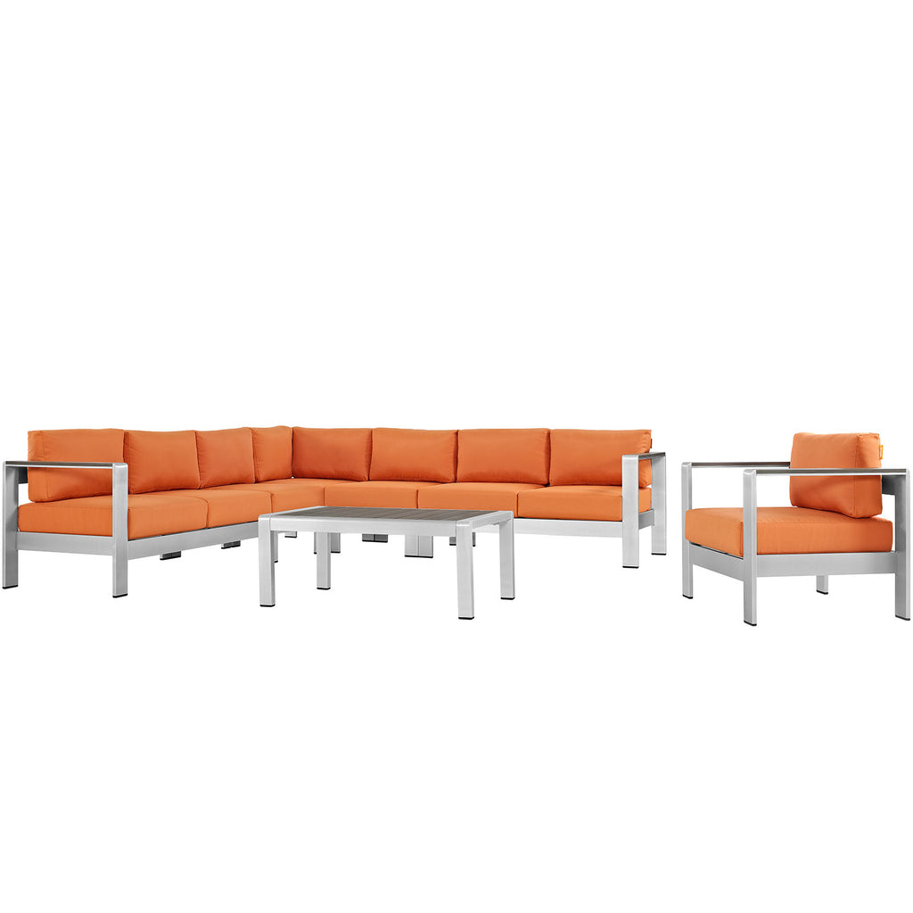 Shore 7 Piece Outdoor Patio Aluminum Sectional Sofa Set in Silver Orange