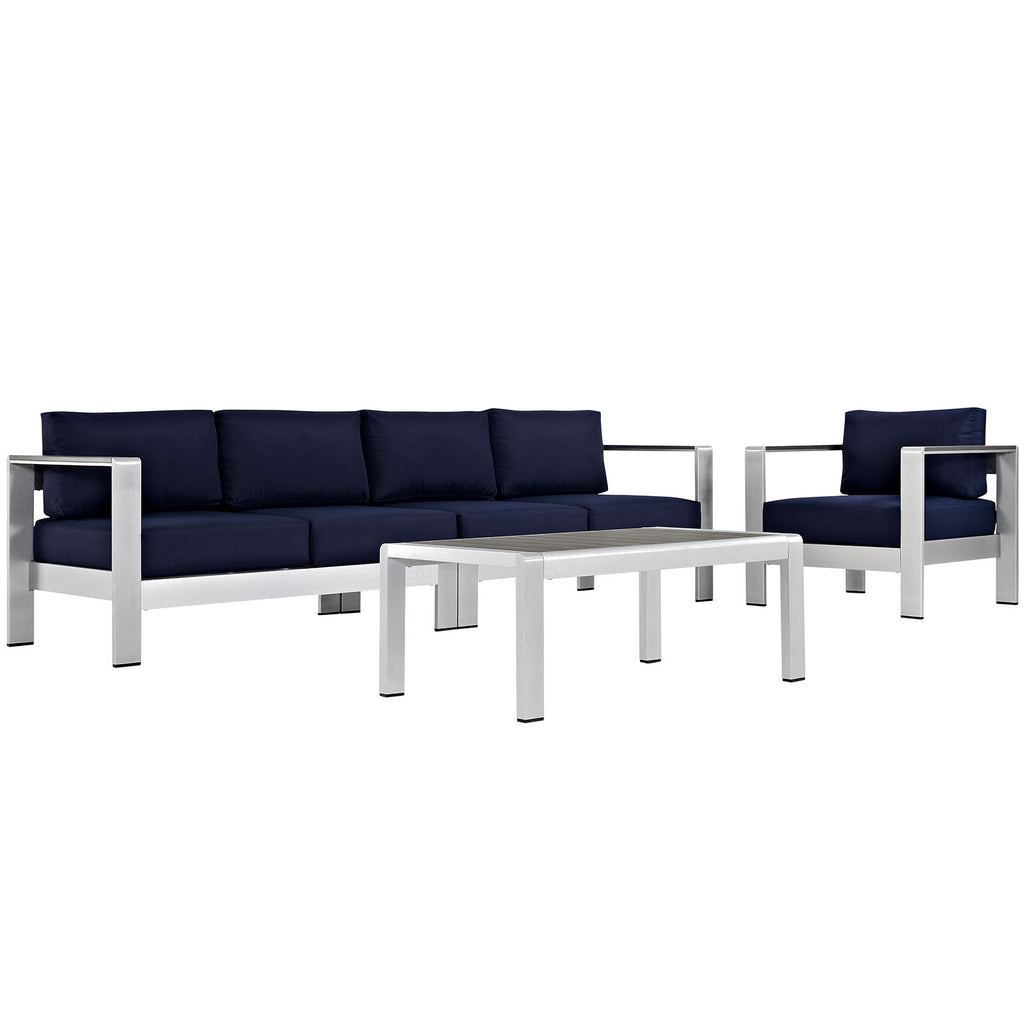 Shore 4 Piece Outdoor Patio Aluminum Sectional Sofa Set in Silver Navy-2