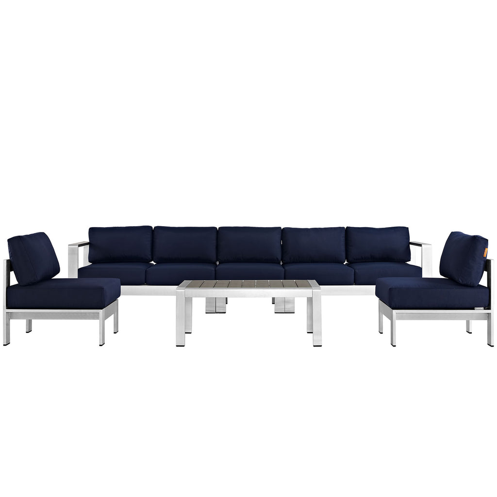 Shore 6 Piece Outdoor Patio Aluminum Sectional Sofa Set in Silver Navy-2