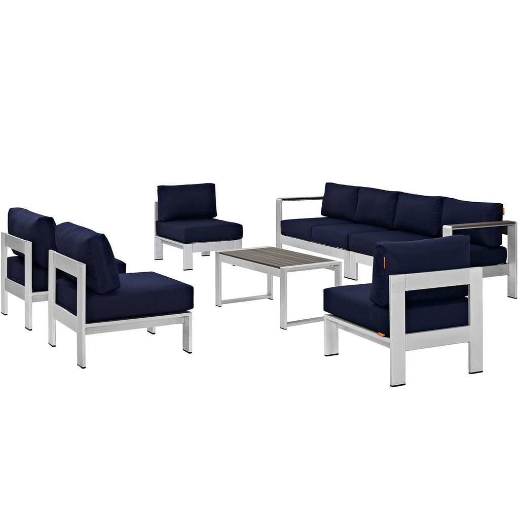 Shore 7 Piece Outdoor Patio Sectional Sofa Set in Silver Navy