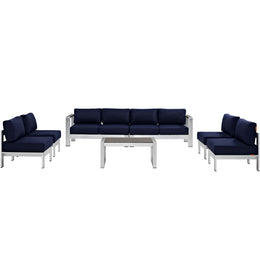 Shore 7 Piece Outdoor Patio Sectional Sofa Set in Silver Navy