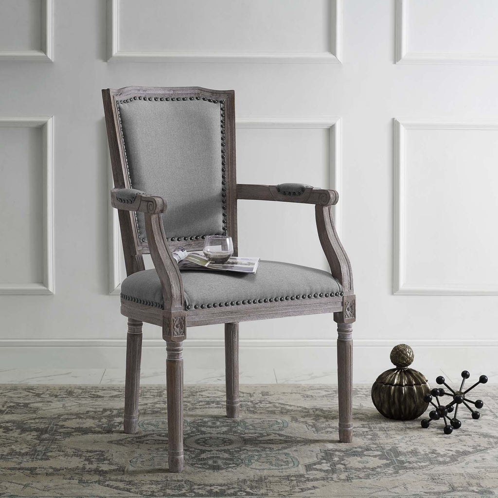 Penchant Vintage French Upholstered Fabric Dining Armchair in Light Gray