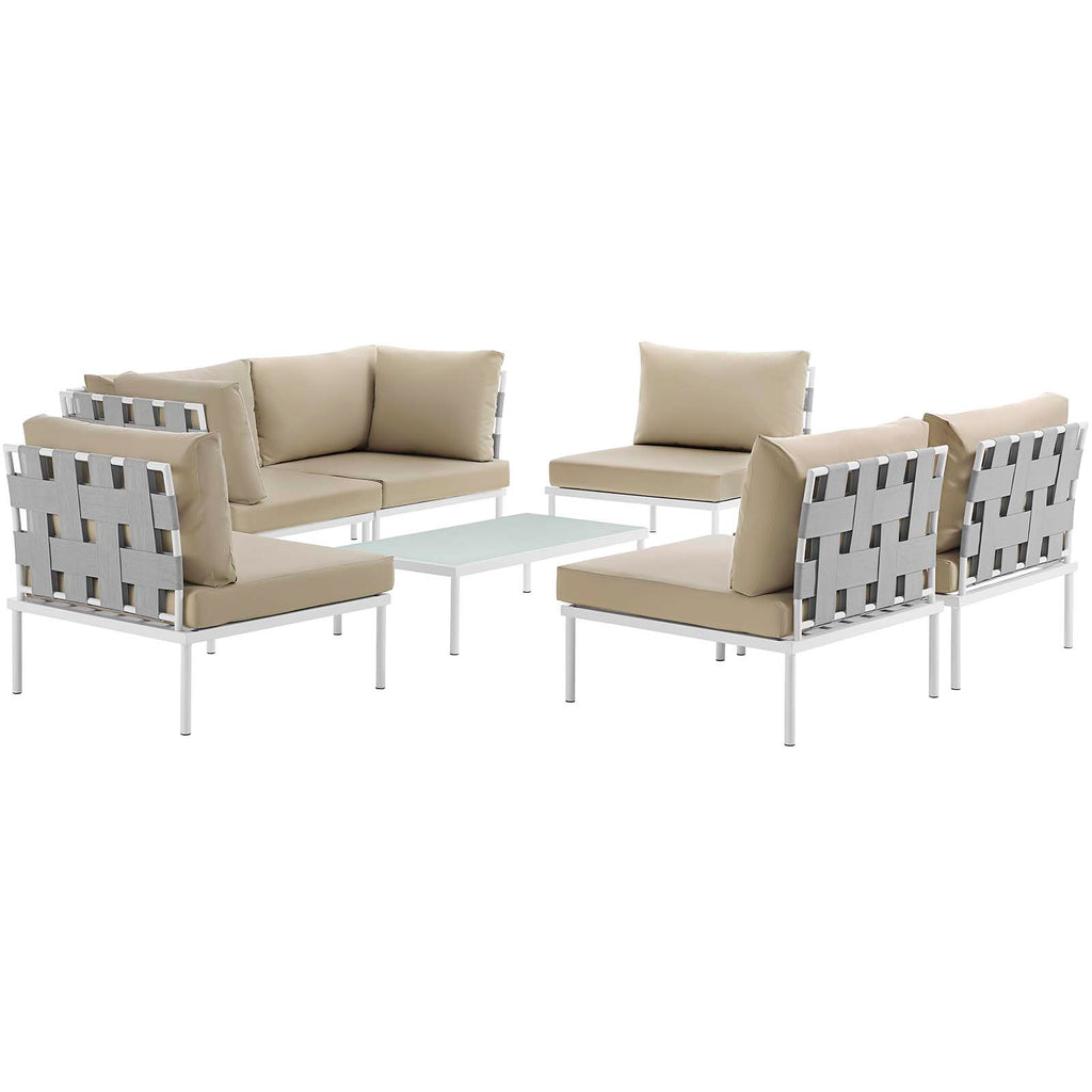 Harmony 7 Piece Outdoor Patio Aluminum Sectional Sofa Set in White Beige-2