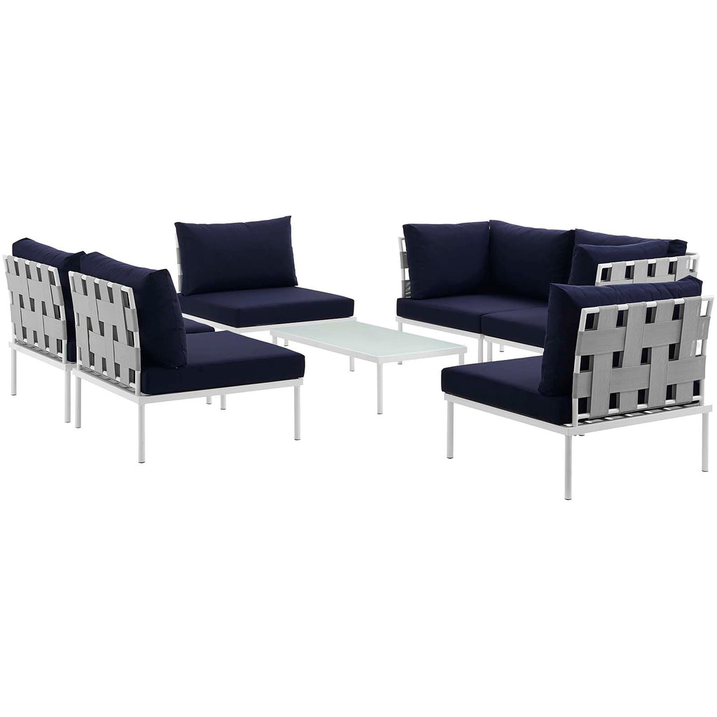 Harmony 7 Piece Outdoor Patio Aluminum Sectional Sofa Set in White Navy-2