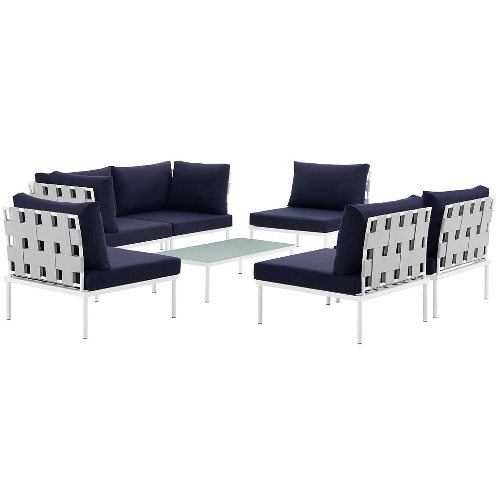 Harmony 7 Piece Outdoor Patio Aluminum Sectional Sofa Set in White Navy-2