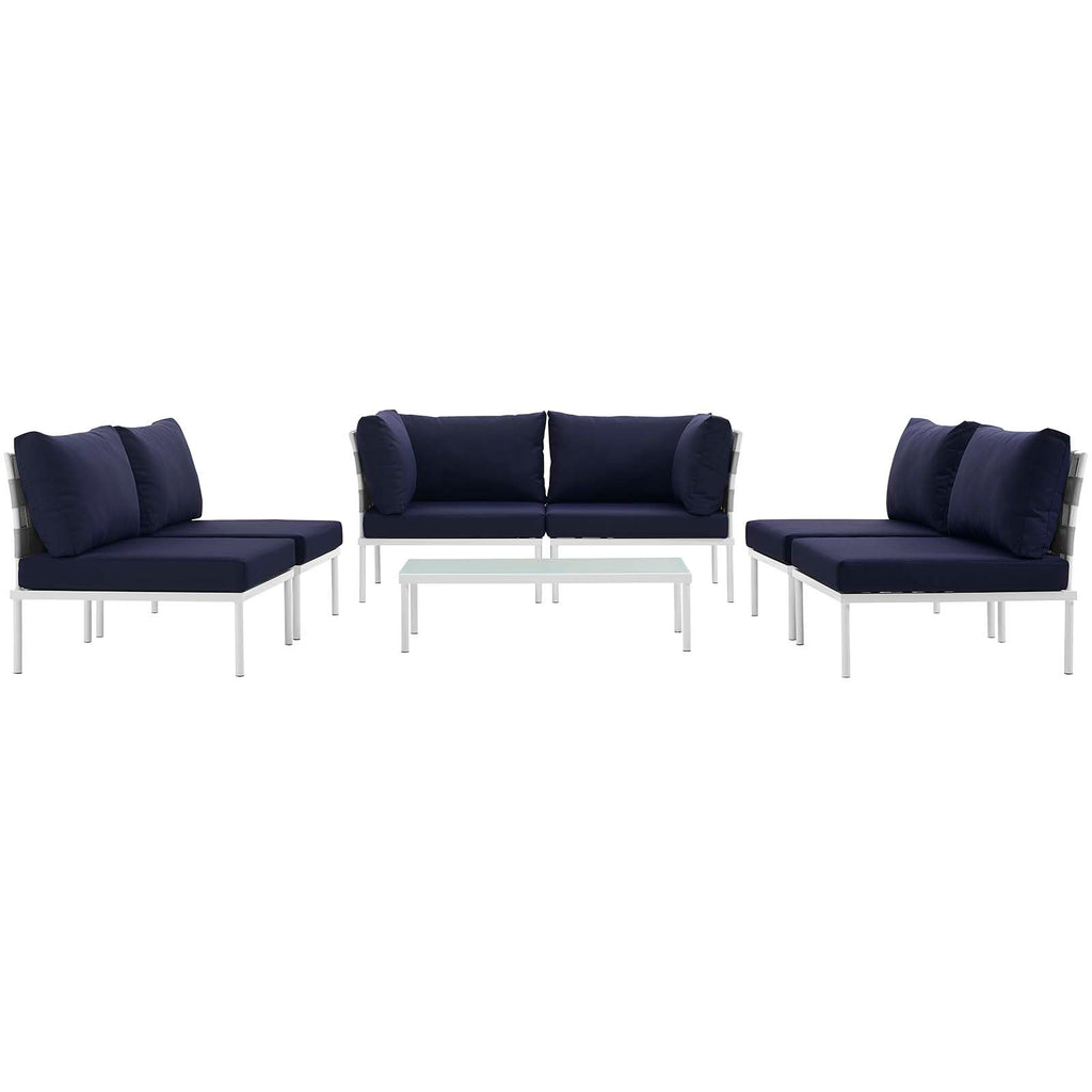 Harmony 7 Piece Outdoor Patio Aluminum Sectional Sofa Set in White Navy-2