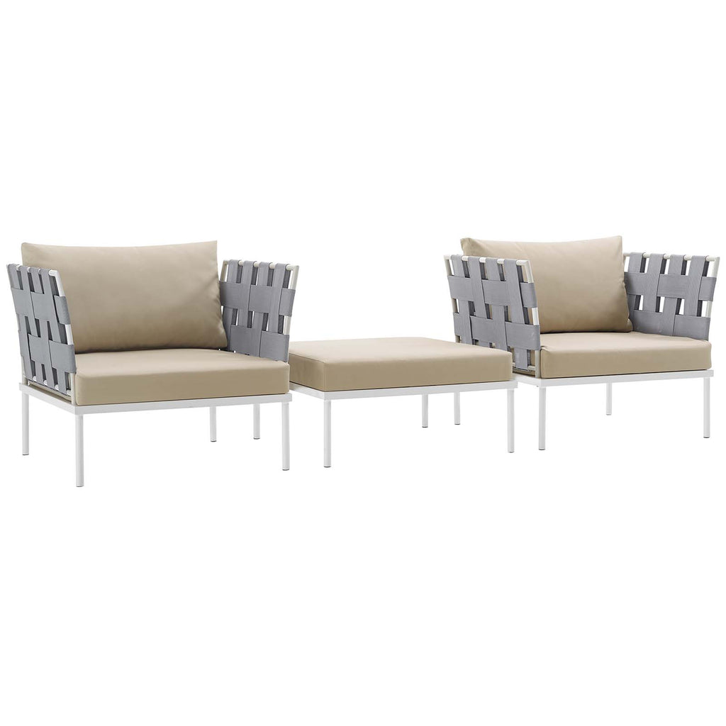 Harmony 3 Piece Outdoor Patio Aluminum Sectional Sofa Set in White Beige