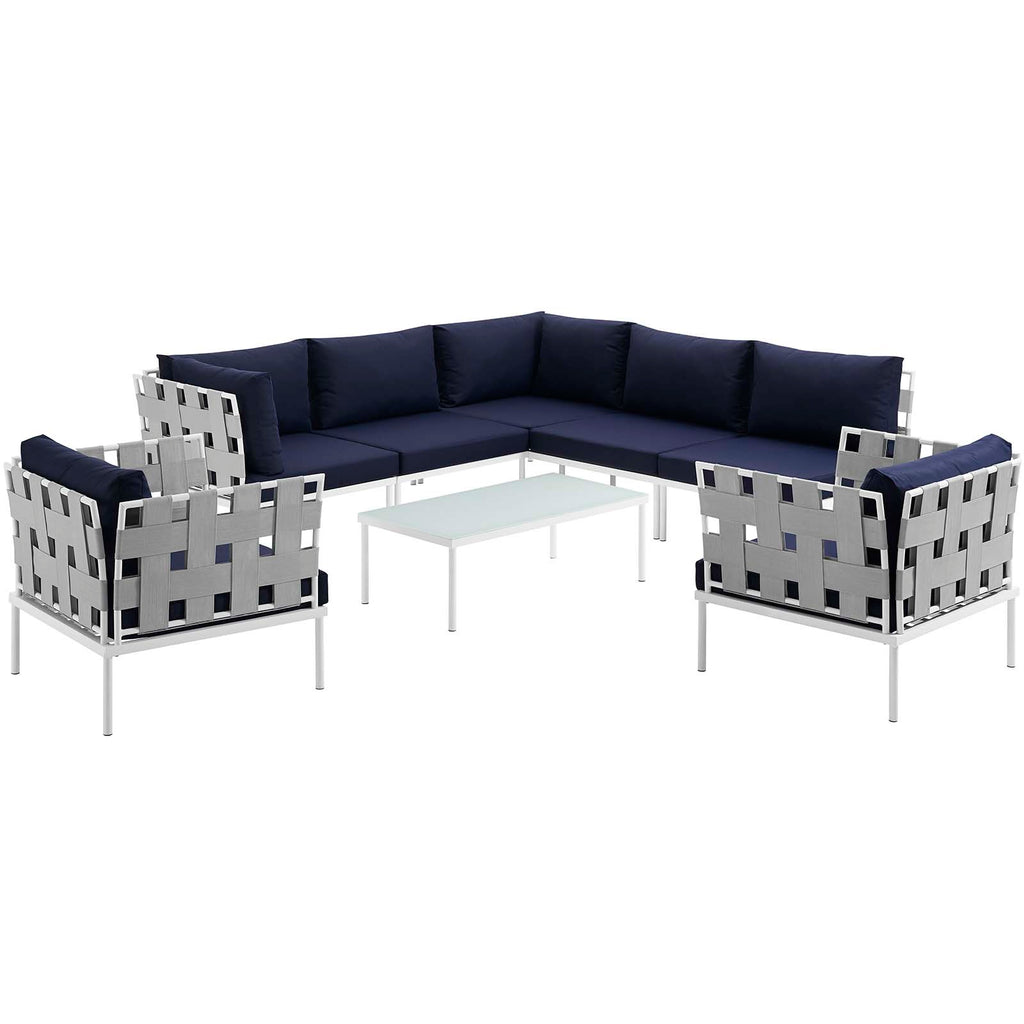 Harmony 8 Piece Outdoor Patio Aluminum Sectional Sofa Set in White Navy-3