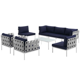 Harmony 8 Piece Outdoor Patio Aluminum Sectional Sofa Set in White Navy-3