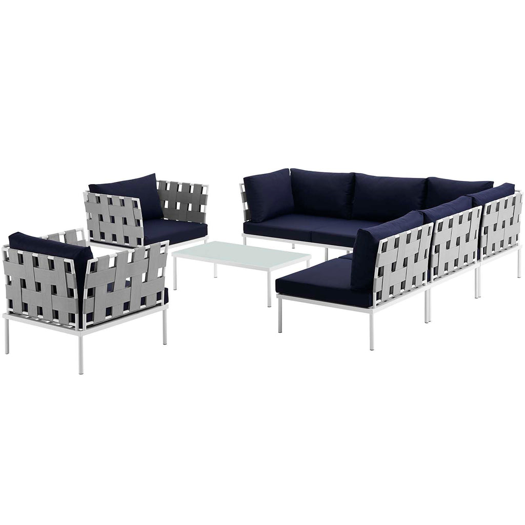 Harmony 8 Piece Outdoor Patio Aluminum Sectional Sofa Set in White Navy-3