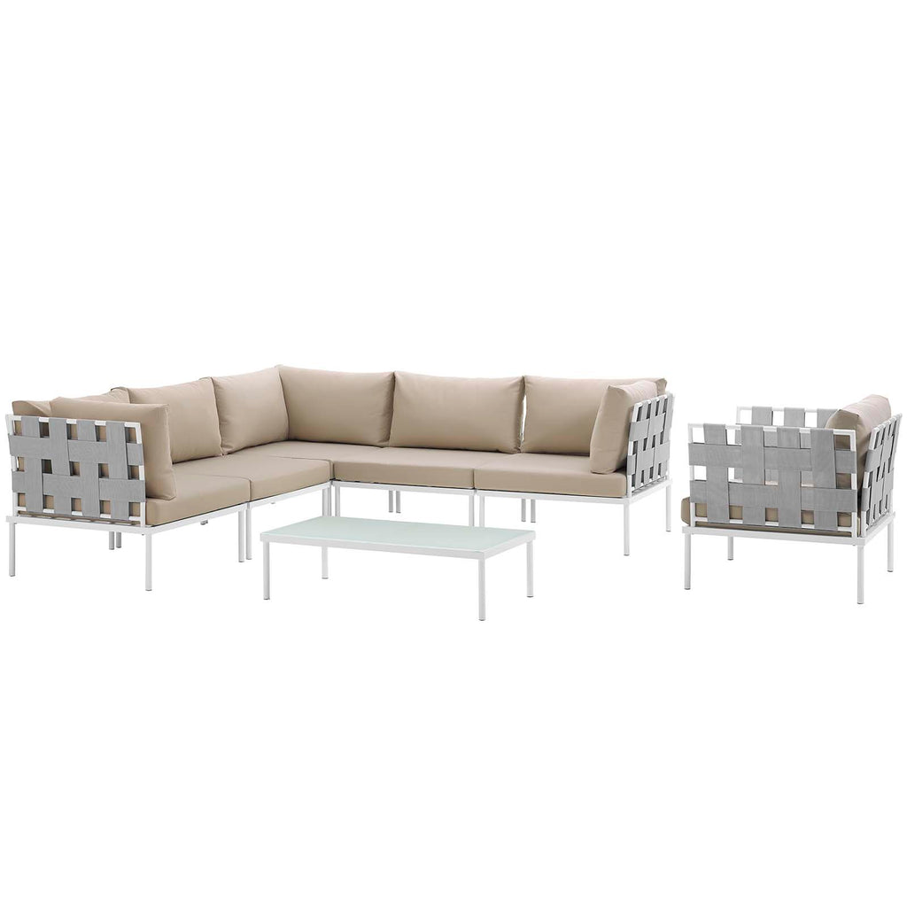 Harmony 7 Piece Outdoor Patio Aluminum Sectional Sofa Set in White Beige-1