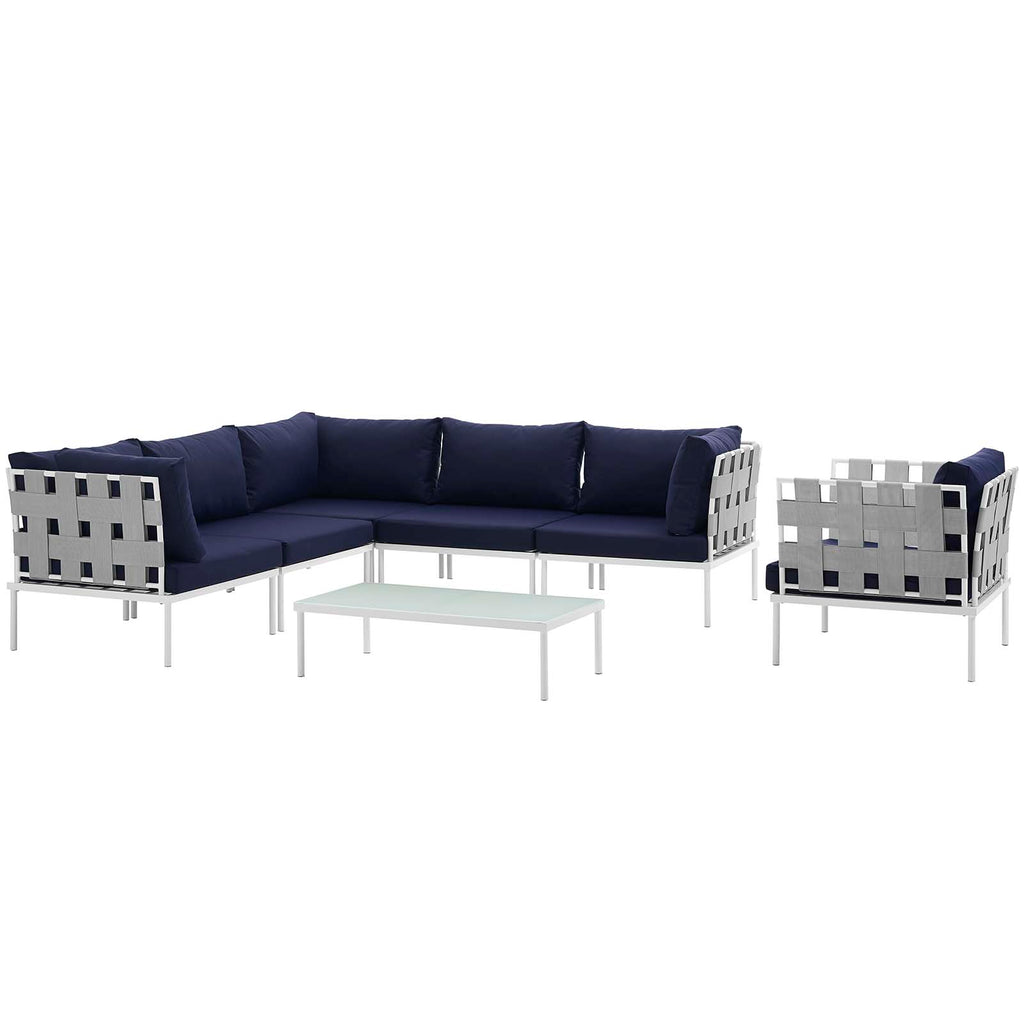 Harmony 7 Piece Outdoor Patio Aluminum Sectional Sofa Set in White Navy-1