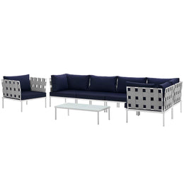 Harmony 7 Piece Outdoor Patio Aluminum Sectional Sofa Set in White Navy-1